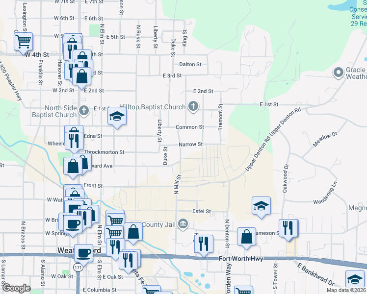 map of restaurants, bars, coffee shops, grocery stores, and more near 701 Narrow Street in Weatherford