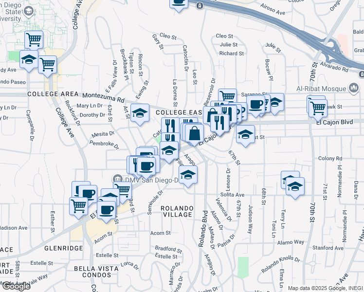 map of restaurants, bars, coffee shops, grocery stores, and more near 4860 Rolando Court in San Diego