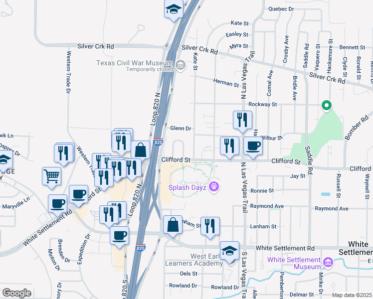 map of restaurants, bars, coffee shops, grocery stores, and more near 521e Branch Circle East in White Settlement