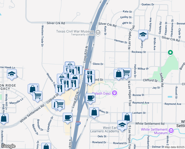 map of restaurants, bars, coffee shops, grocery stores, and more near 600 Jim Wright Freeway in White Settlement