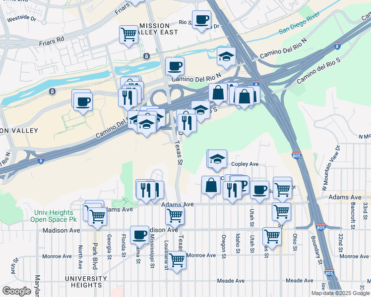 map of restaurants, bars, coffee shops, grocery stores, and more near 2401 Camino del Rio South in San Diego