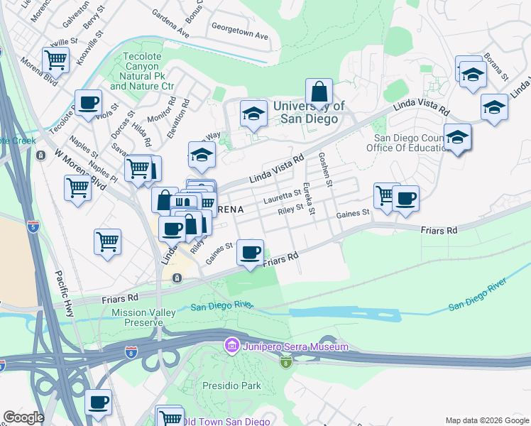 map of restaurants, bars, coffee shops, grocery stores, and more near 5616 Riley Street in San Diego