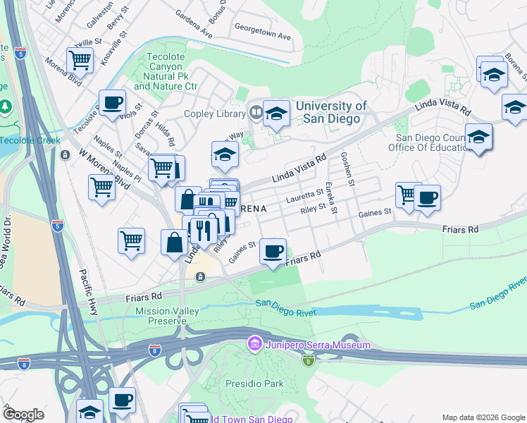 map of restaurants, bars, coffee shops, grocery stores, and more near in San Diego