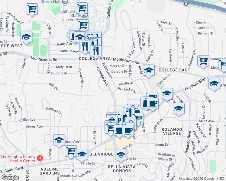 map of restaurants, bars, coffee shops, grocery stores, and more near 4927 College Avenue in San Diego