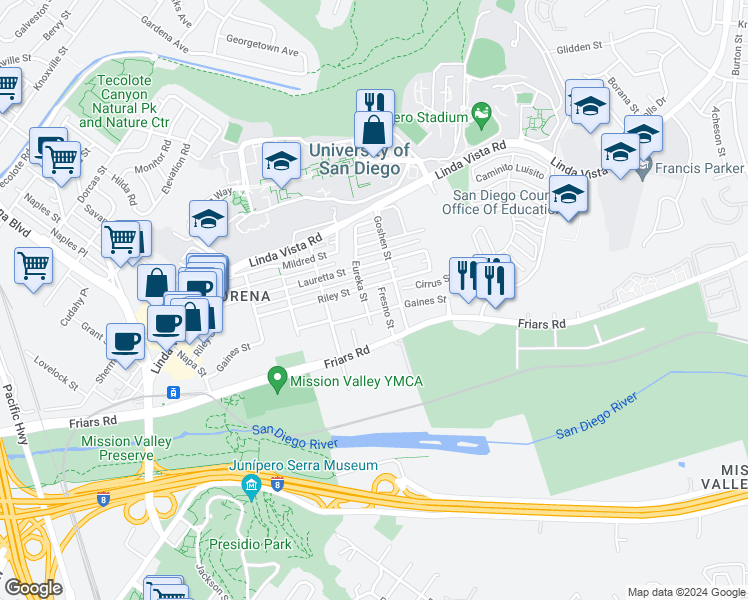 map of restaurants, bars, coffee shops, grocery stores, and more near 1121 Eureka Street in San Diego