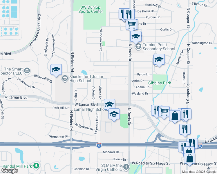 map of restaurants, bars, coffee shops, grocery stores, and more near 2006 San Jacinto Drive in Arlington