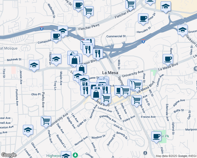 map of restaurants, bars, coffee shops, grocery stores, and more near 8061 Culowee Street in La Mesa