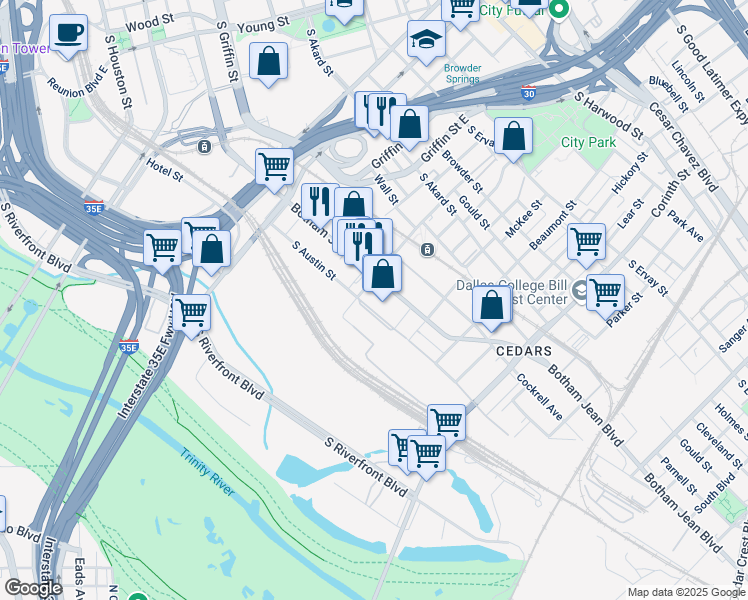 map of restaurants, bars, coffee shops, grocery stores, and more near 1325 Botham Jean Boulevard in Dallas