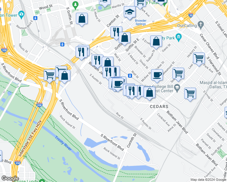 map of restaurants, bars, coffee shops, grocery stores, and more near 1325 Botham Jean Boulevard in Dallas