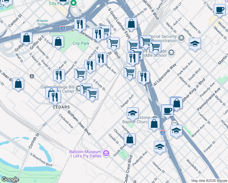 map of restaurants, bars, coffee shops, grocery stores, and more near 2400 South Ervay Street in Dallas