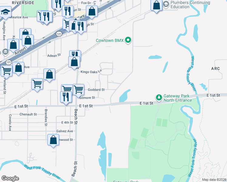 map of restaurants, bars, coffee shops, grocery stores, and more near 4413 Goddard Road in Fort Worth