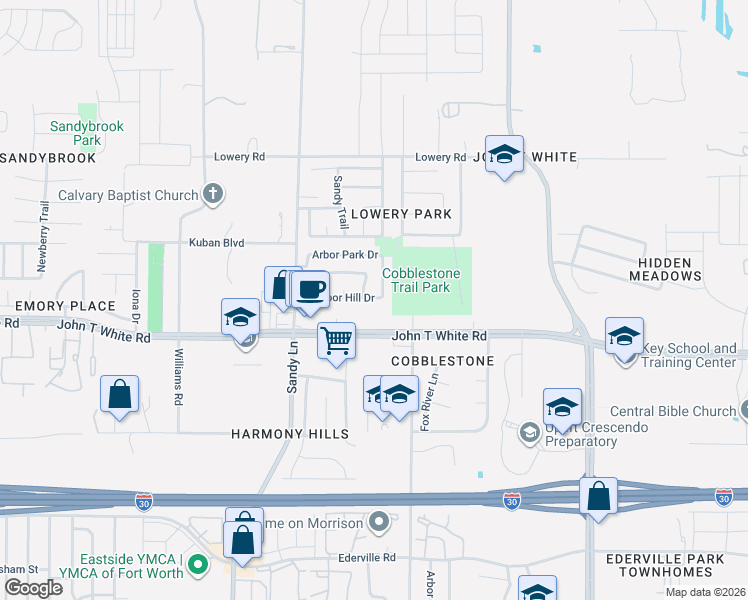 map of restaurants, bars, coffee shops, grocery stores, and more near 7524 Arbor Hill Drive in Fort Worth