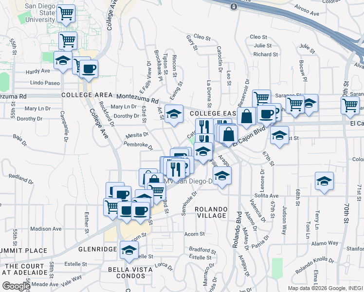 map of restaurants, bars, coffee shops, grocery stores, and more near 4903 Catoctin Drive in San Diego