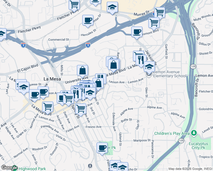map of restaurants, bars, coffee shops, grocery stores, and more near 4800-4836 Crowder Lane in La Mesa