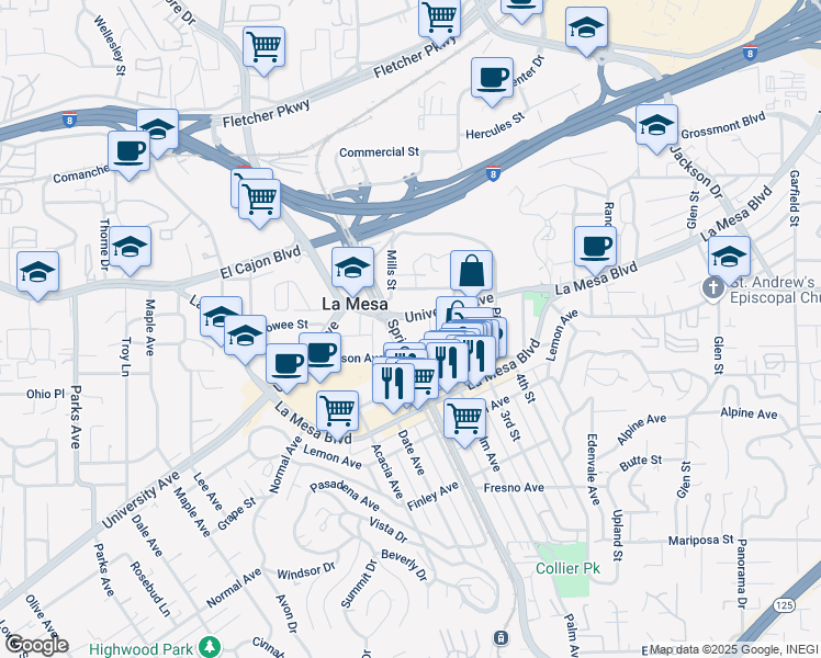 map of restaurants, bars, coffee shops, grocery stores, and more near 7643 University Avenue in La Mesa