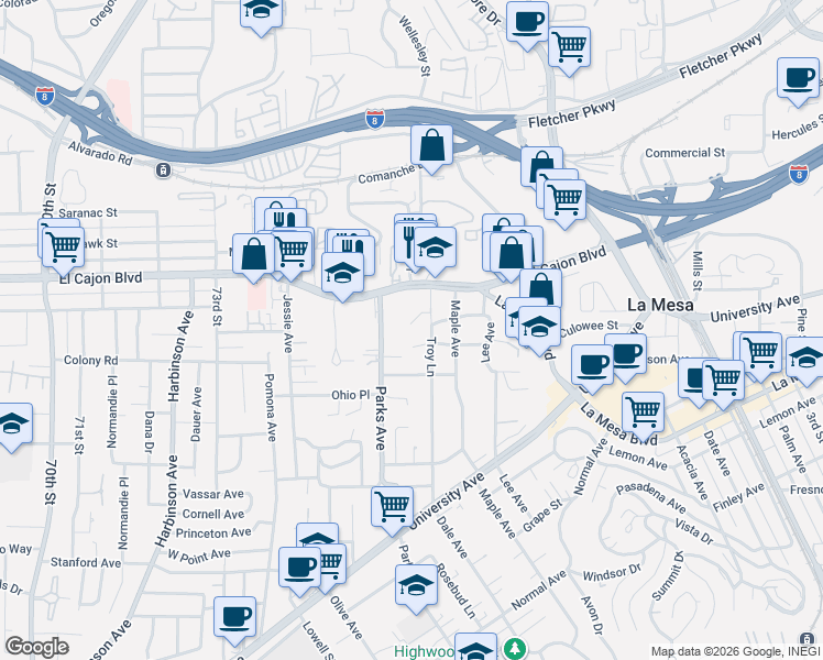 map of restaurants, bars, coffee shops, grocery stores, and more near 7670 Troy Terrace in La Mesa