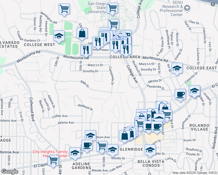 map of restaurants, bars, coffee shops, grocery stores, and more near 4960 Campanile Drive in San Diego