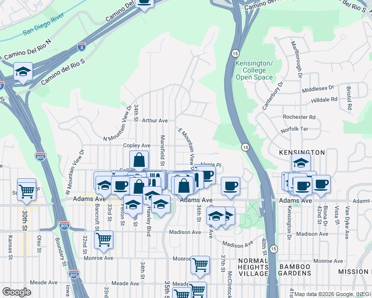 map of restaurants, bars, coffee shops, grocery stores, and more near 3512 Copley Avenue in San Diego
