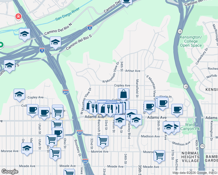 map of restaurants, bars, coffee shops, grocery stores, and more near in San Diego