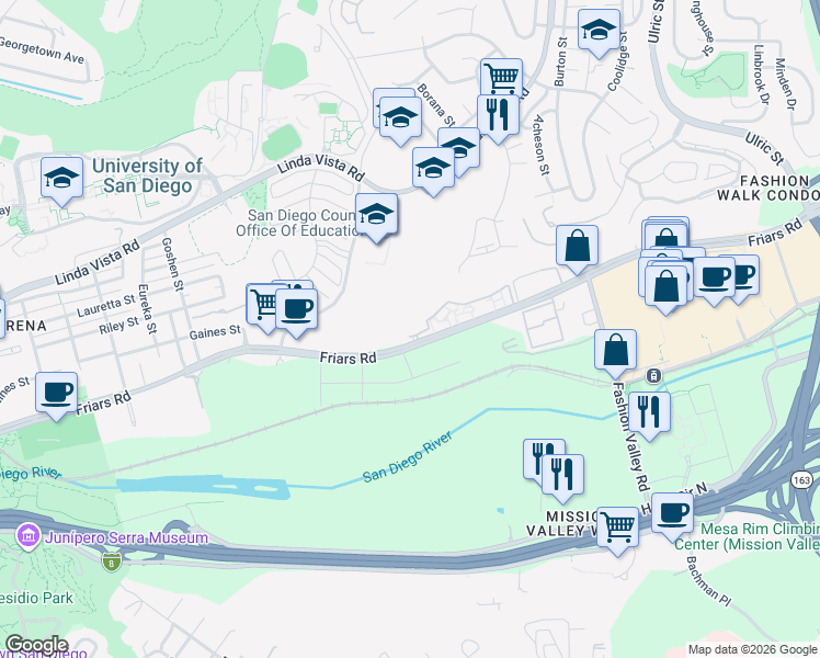 map of restaurants, bars, coffee shops, grocery stores, and more near 6450 Friars Road in San Diego