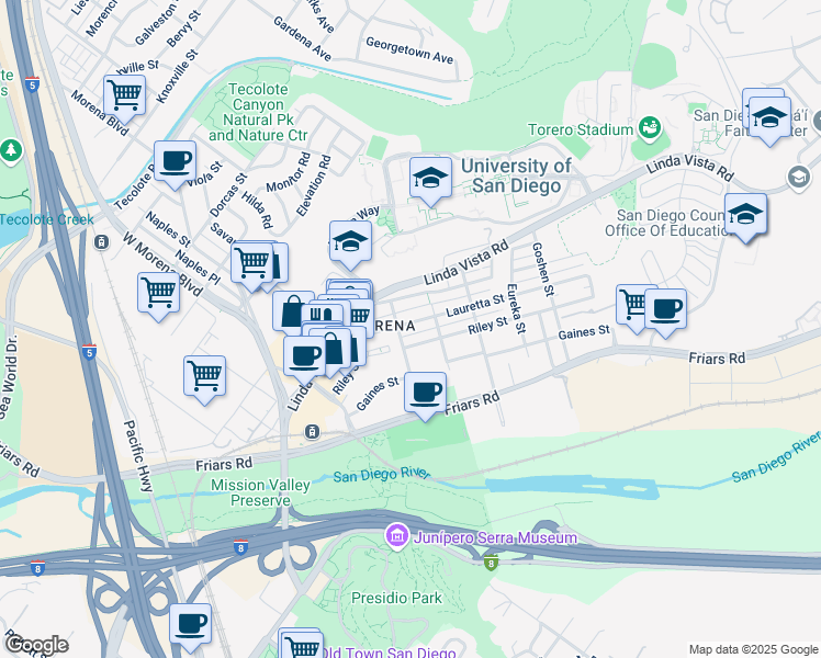 map of restaurants, bars, coffee shops, grocery stores, and more near in San Diego
