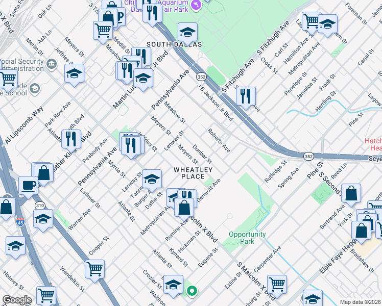 map of restaurants, bars, coffee shops, grocery stores, and more near 3535 Dunbar Street in Dallas