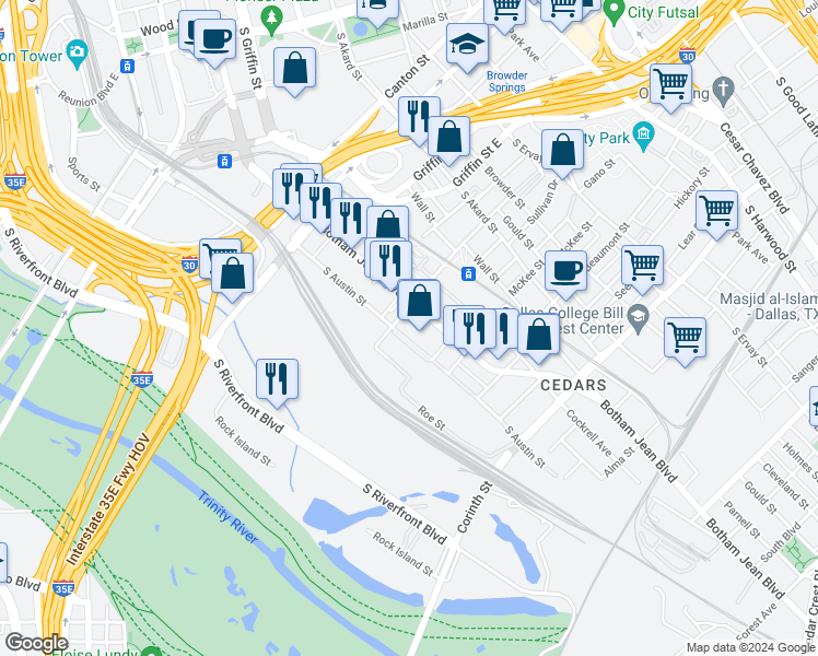 map of restaurants, bars, coffee shops, grocery stores, and more near 1325 Botham Jean Boulevard in Dallas
