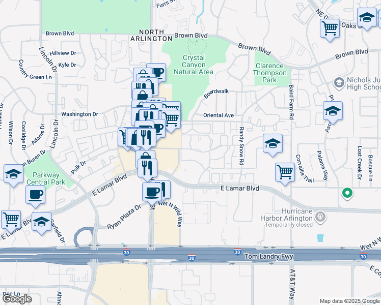 map of restaurants, bars, coffee shops, grocery stores, and more near 1201 Harwell Drive in Arlington