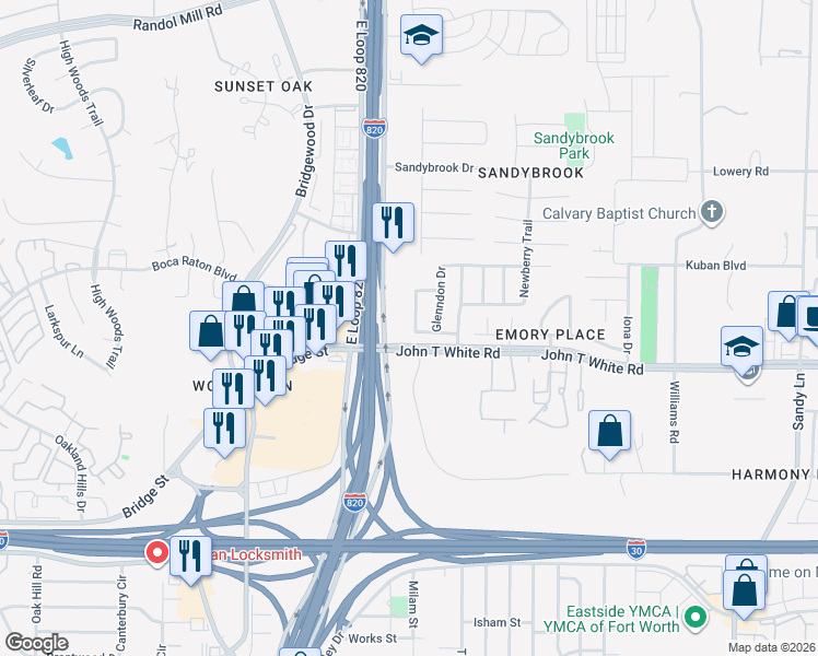 map of restaurants, bars, coffee shops, grocery stores, and more near 821 East Loop 820 in Fort Worth