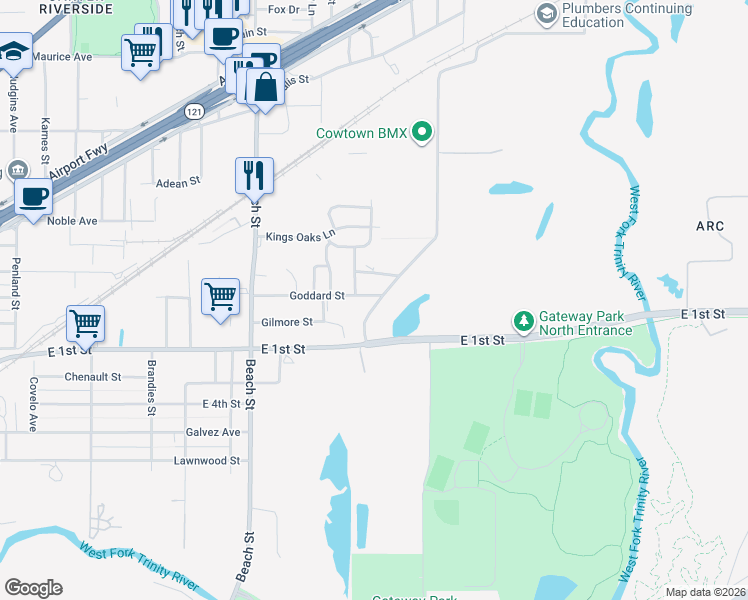 map of restaurants, bars, coffee shops, grocery stores, and more near 4413 Goddard Road in Fort Worth