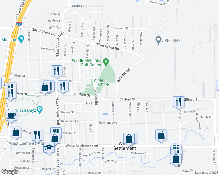 map of restaurants, bars, coffee shops, grocery stores, and more near 527 Bomber Road in Fort Worth