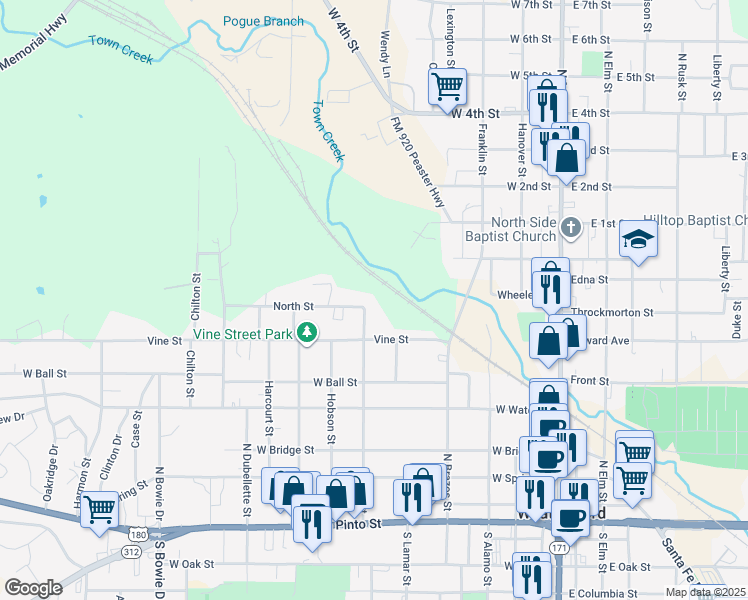 map of restaurants, bars, coffee shops, grocery stores, and more near 701 Bryan Street in Weatherford