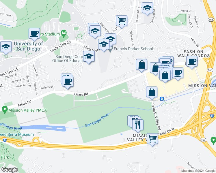 map of restaurants, bars, coffee shops, grocery stores, and more near 6506 Friars Road in San Diego