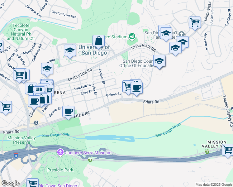 map of restaurants, bars, coffee shops, grocery stores, and more near 6028 Gaines Street in San Diego