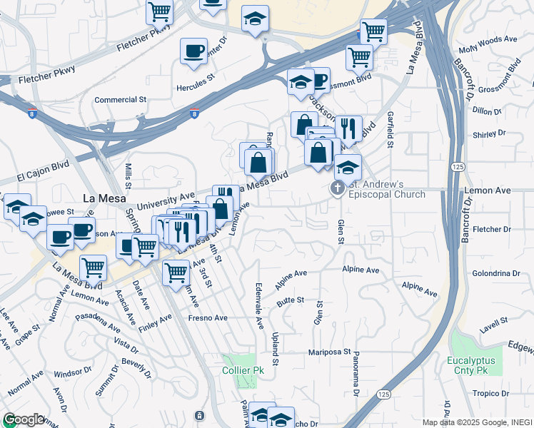 map of restaurants, bars, coffee shops, grocery stores, and more near 8545 Lemon Avenue in La Mesa