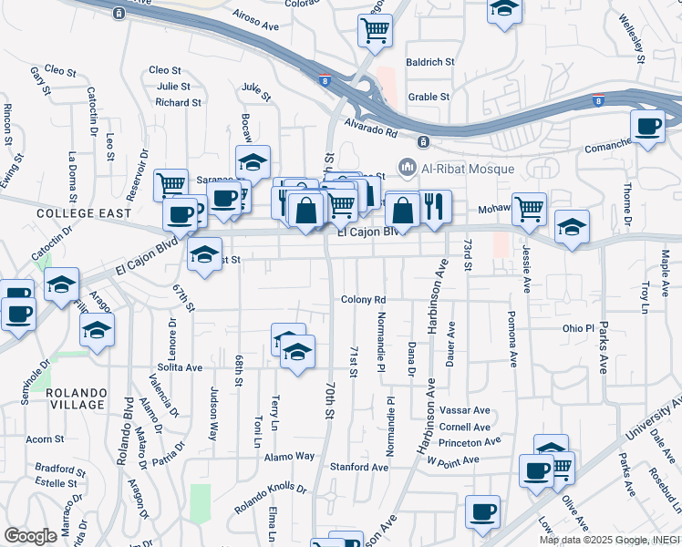 map of restaurants, bars, coffee shops, grocery stores, and more near 4855 70th Street in San Diego