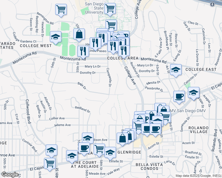 map of restaurants, bars, coffee shops, grocery stores, and more near 4950 Campanile Drive in San Diego