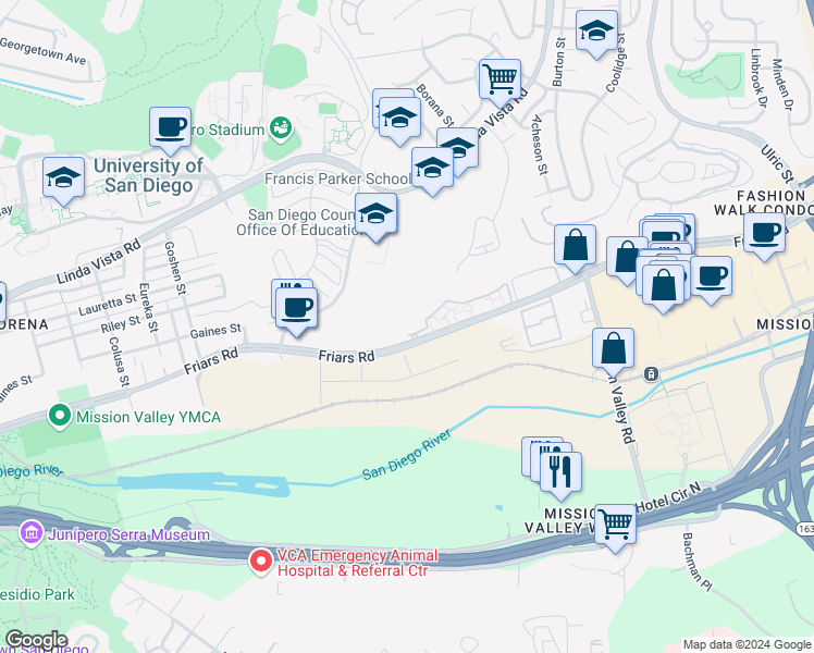 map of restaurants, bars, coffee shops, grocery stores, and more near 6450 Friars Road in San Diego