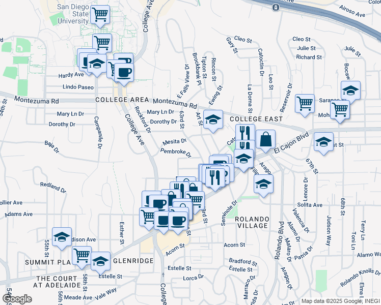 map of restaurants, bars, coffee shops, grocery stores, and more near 6223 Mesita Drive in San Diego