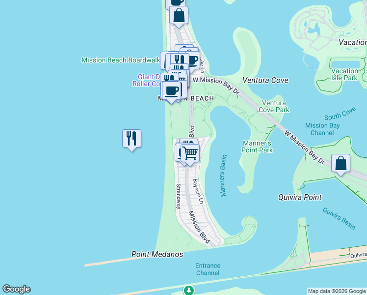 map of restaurants, bars, coffee shops, grocery stores, and more near 733 Ensenada Court in San Diego