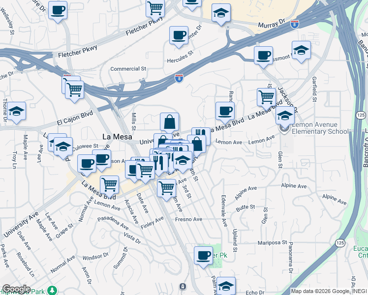 map of restaurants, bars, coffee shops, grocery stores, and more near 4855 Pine Street in La Mesa