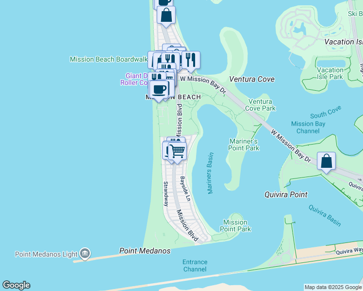 map of restaurants, bars, coffee shops, grocery stores, and more near 2965 Mission Boulevard in San Diego