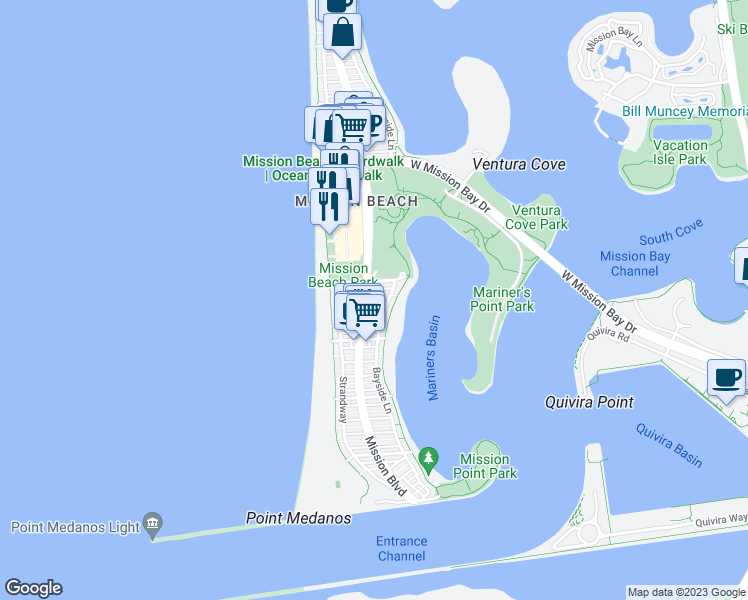 map of restaurants, bars, coffee shops, grocery stores, and more near 2965 Mission Boulevard in San Diego