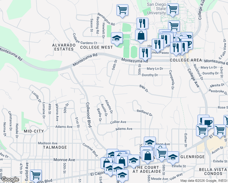 map of restaurants, bars, coffee shops, grocery stores, and more near 5407 Baja Drive in San Diego