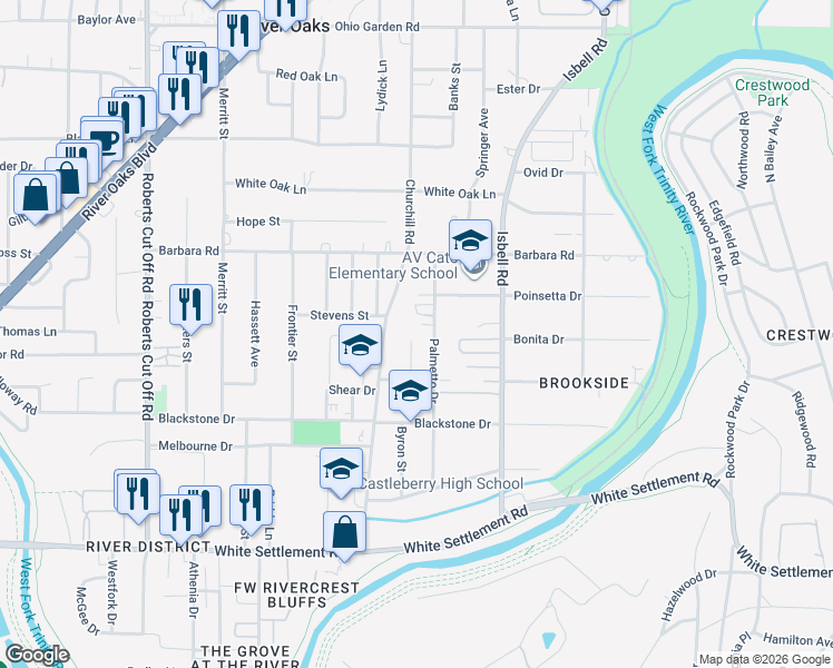 map of restaurants, bars, coffee shops, grocery stores, and more near 500 Byron Street in Fort Worth