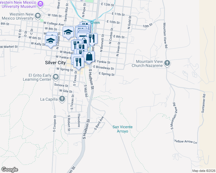 map of restaurants, bars, coffee shops, grocery stores, and more near 114 South Corbin Street in Silver City