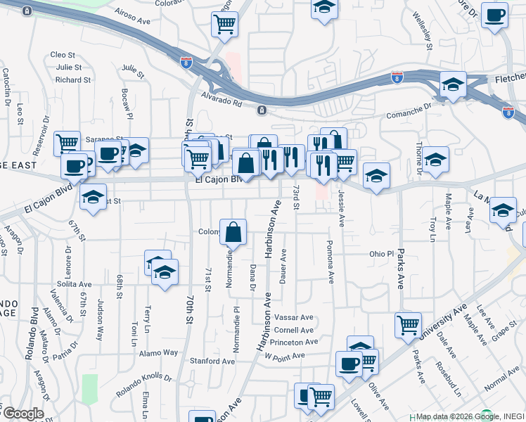 map of restaurants, bars, coffee shops, grocery stores, and more near 7231 Amherst Street in La Mesa