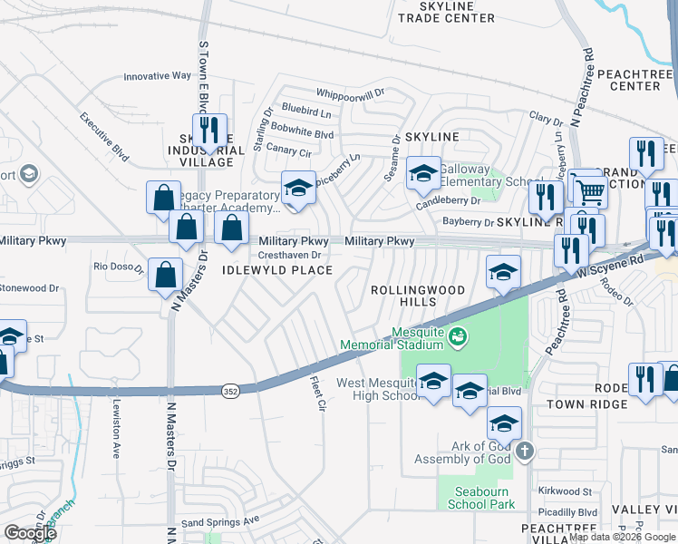 map of restaurants, bars, coffee shops, grocery stores, and more near 110 Idlewyld Drive in Mesquite