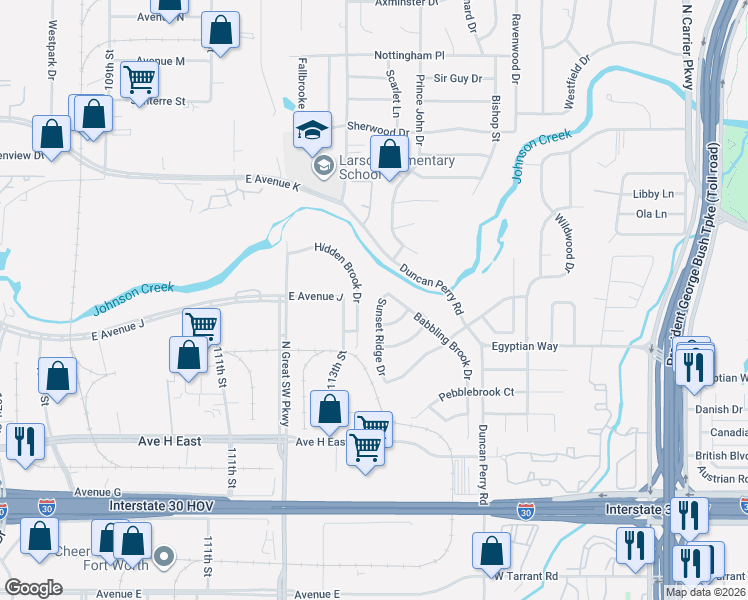 map of restaurants, bars, coffee shops, grocery stores, and more near 1775 Hidden Brook Drive in Grand Prairie