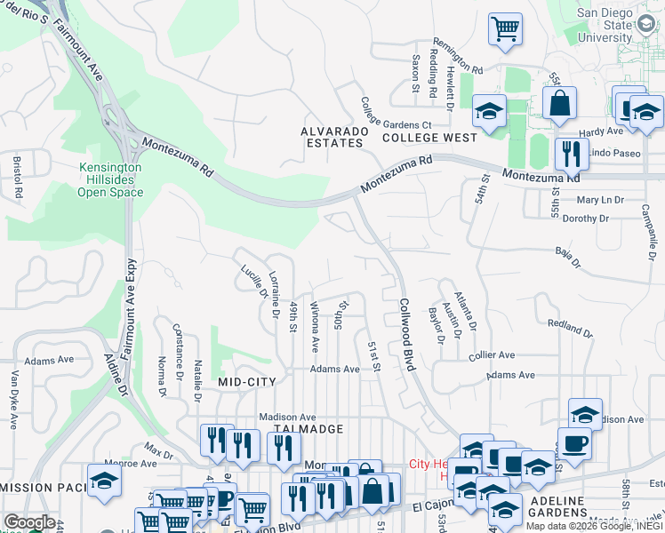 map of restaurants, bars, coffee shops, grocery stores, and more near 4881 Lucille Place in San Diego